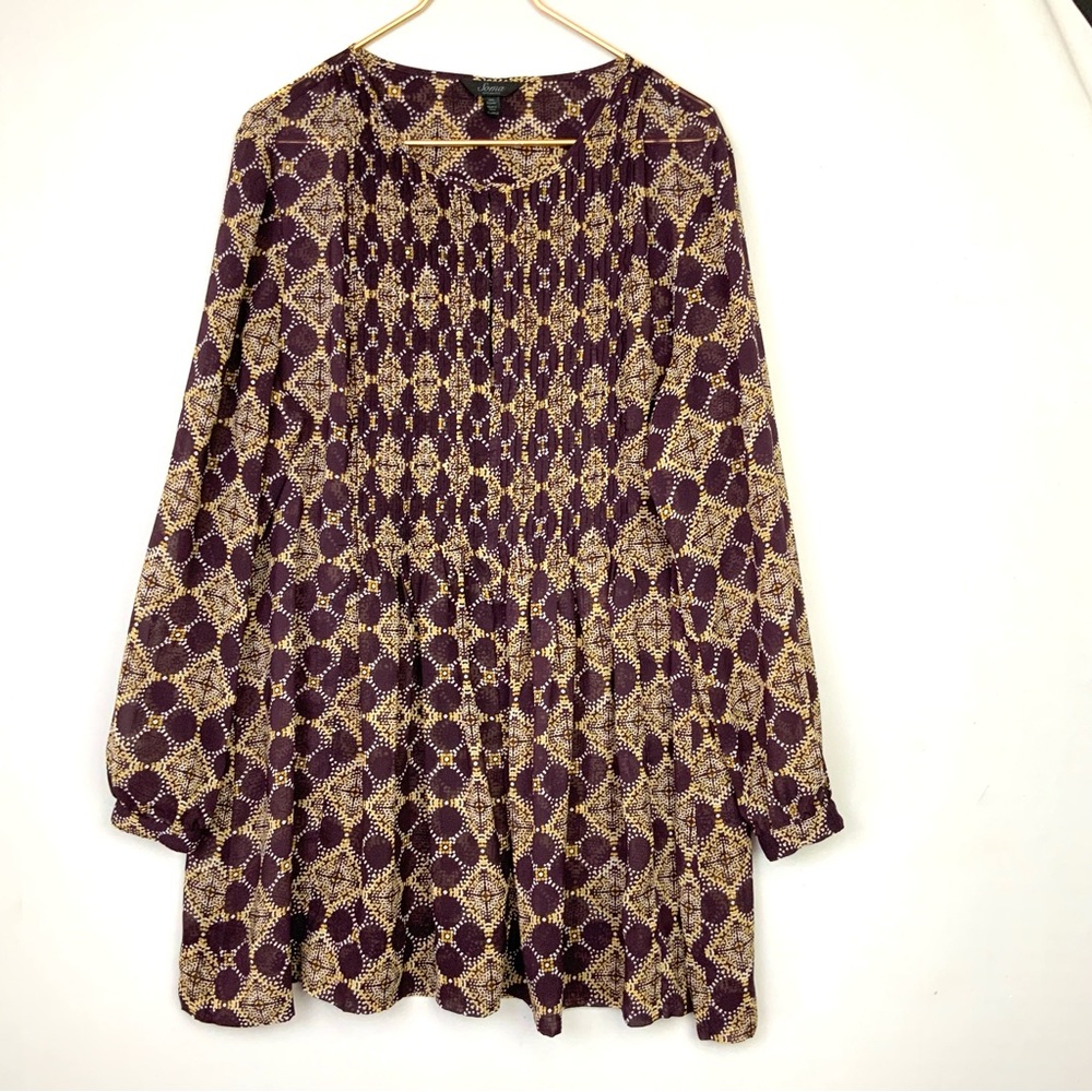 Soma XL Purple Geometric Print Sheer Silky Keyhole Neck Long Sleeve Sleep Dress